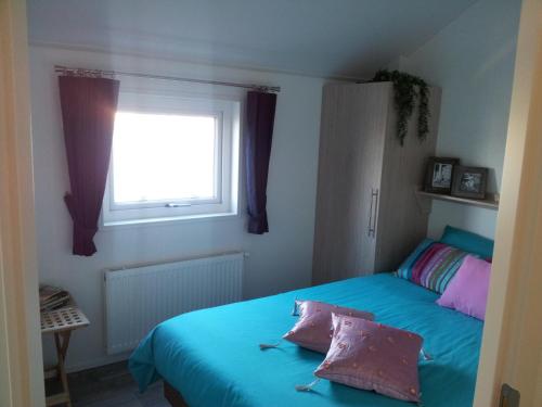 a bedroom with a blue bed and a window at BestMarine Waterchalets Flevo Marina in Lelystad