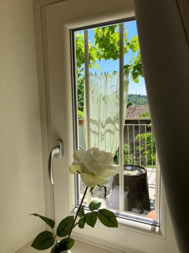 a flower in a window with a view of a balcony at La Vite è Bella in Govone