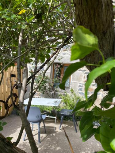 a table and two chairs in front of a tree at Chez Fabrice in Le Pertuis