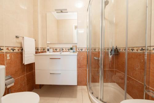 Un baño con ducha, lavabo e inodoro. en Viña Vieja a pasos de la Playa, en Las Galletas