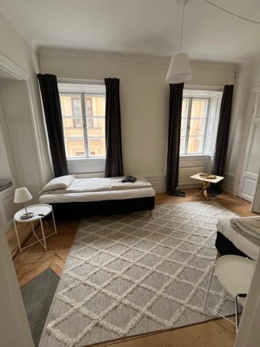 a bedroom with a bed and two windows and a rug at Home Inn MRT19 in Stockholm