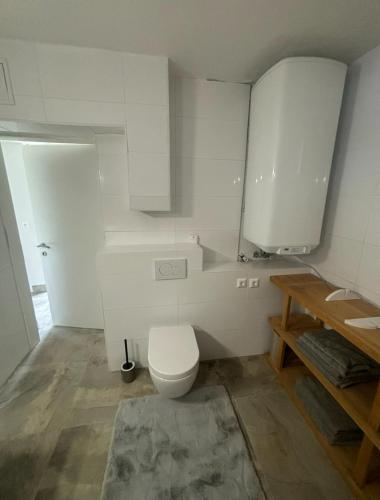a white bathroom with a toilet and a sink at Carinthia Freedom Lodge in Töschling
