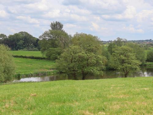 a green field with trees and a river at Holmside in Market Drayton