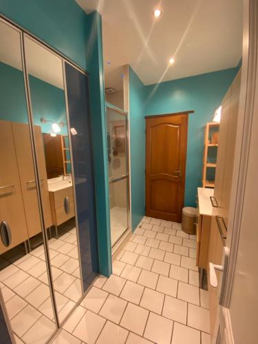 a bathroom with blue walls and a shower and a sink at Maison coeur des Weppes La Maralbique in Wavrin