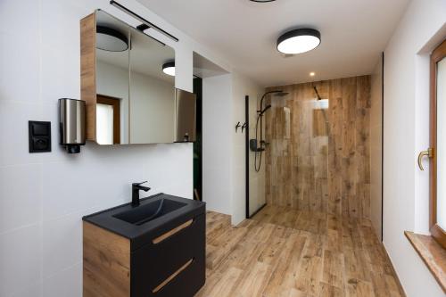 a bathroom with a black sink and a shower at Noclegi na Wspólnej 