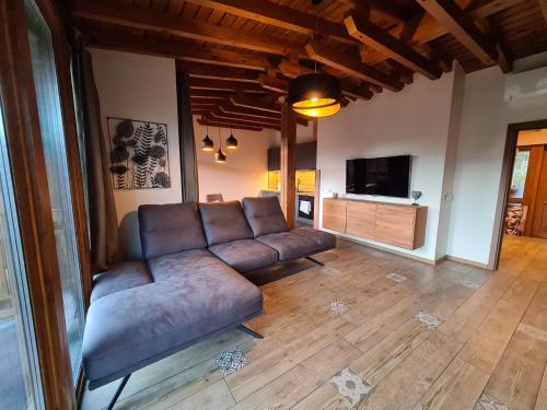 a living room with a couch and a television at Vista Villa at Katarino SPA in Bansko