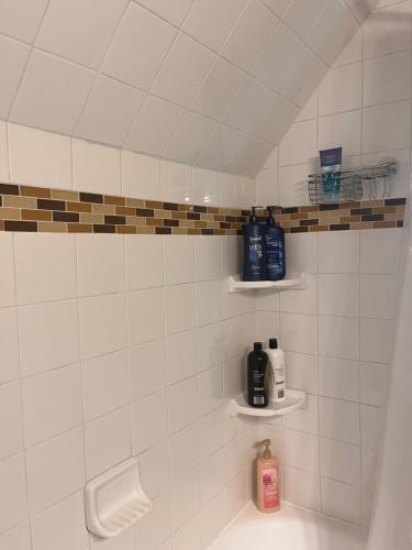 a white tiled bathroom with soap and bottles on shelves at Cozy Cape Cod in Grand Rapids