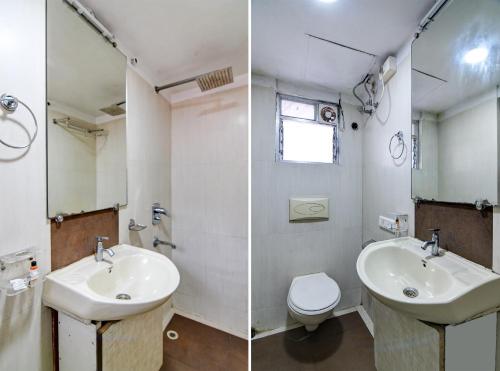 two pictures of a bathroom with a sink and a toilet at Hotel Q Inn in Kolkata