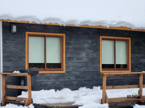 zwei Fenster zur Seite eines Hauses im Schnee in der Unterkunft Refugios de Montaña Reloncaví - Ruka Lee I in Las Trancas