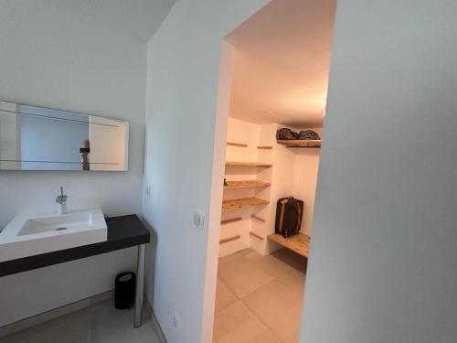 une petite salle de bain avec un lavabo et un dressing dans l'établissement Magnifique Bas de villa entièrement indépendant, à Cannes