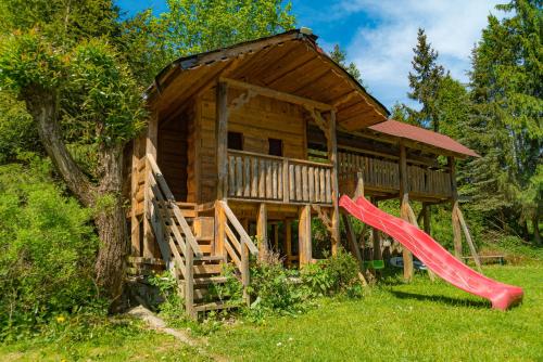 a log cabin with a slide in front of it at Gabrysiówka in Tylka