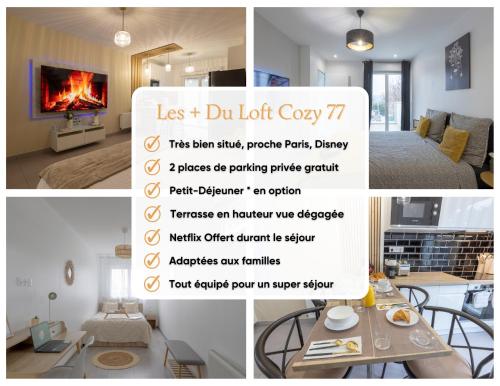 a collage of photos of a room with a fireplace at --OFFRE SPECIALE-- LOFT COZY 77 --NEW-- CONFORT Terrasse - Free Parking - Wifi - 3 CH et 2 SDB - Aéroport CDG - Disneyland Paris in Annet-sur-Marne