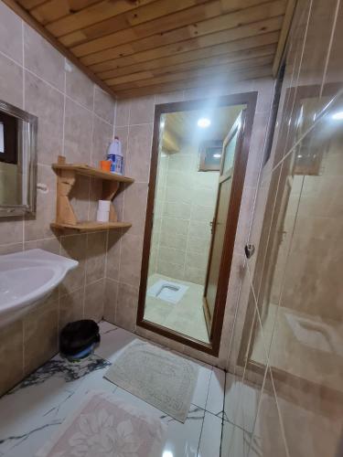 een badkamer met een douche en een wastafel bij Özkan Apart in Çaykara