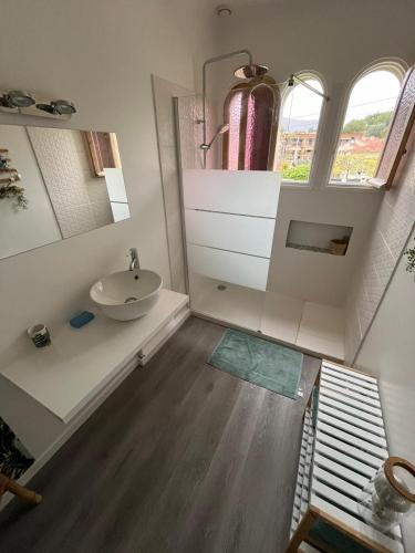 une salle de bain avec un lavabo et un miroir dans l'établissement chez steph, à La Trinité