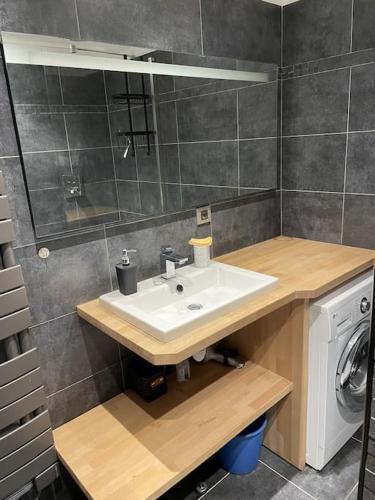 une salle de bain avec un lavabo et une machine à laver dans l'établissement La Rivière Appartement proche mer et centre de Wimereux, à Wimereux