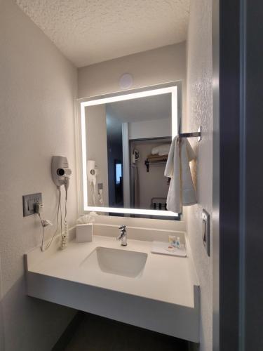 uma casa de banho com um lavatório e um espelho grande em Comfort Inn & Suites Near Universal Orlando Resort-Convention Ctr em Orlando