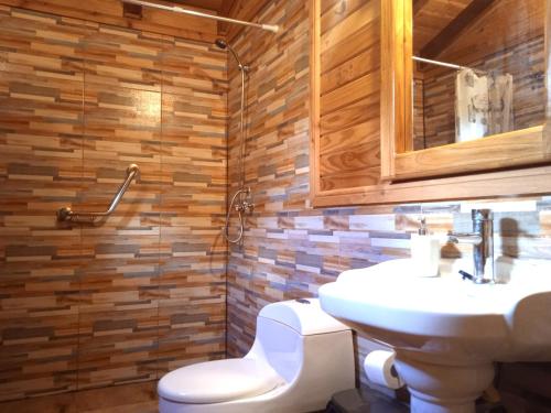 ein Badezimmer mit einem weißen WC und einem Waschbecken in der Unterkunft Mi Refugio del Sur in Licán Ray