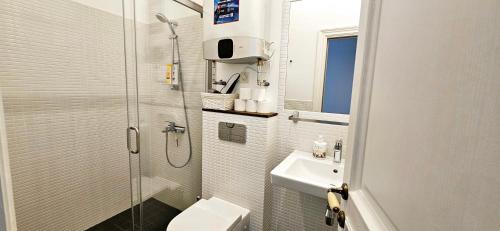 a bathroom with a shower and a toilet and a sink at Villa Loebel 1881 in Juodkrantė