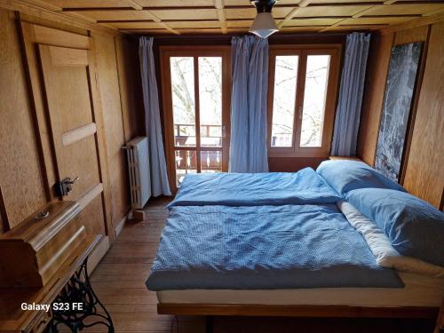 ヴェンゲンにあるTraditional chalet in Wengen - Parterre or Groundの窓付きの部屋のベッド1台(青いシーツ付)