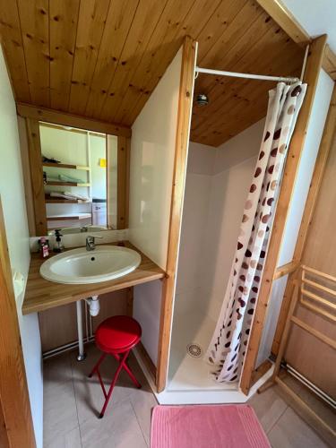 y baño con lavabo y espejo. en Les Chalets du Piou, en Bussières