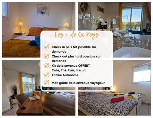 un collage de photos d'une chambre avec un panneau dans l'établissement L'évasion Carcassonnais avec Terrasse 2 places de Parking privée, à Carcassonne