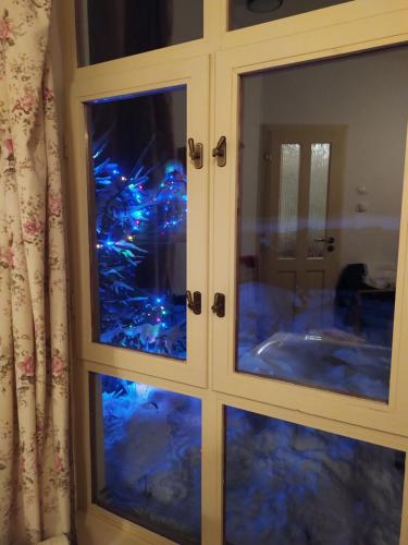 a glass cabinet with a christmas tree inside of it at Domek Dírná in Dírná