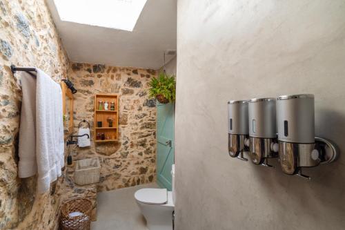 a bathroom with a toilet and a stone wall at Annas Katikia in Drymonas