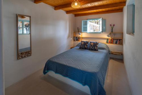a bedroom with a bed with blue sheets and a mirror at Annas Katikia in Drymonas