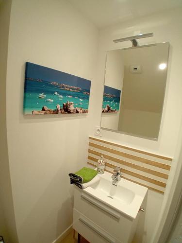 une salle de bain avec un lavabo et un miroir dans l'établissement Maison au calme à l'intérieur du golf de Ploëmel, entre terre et mer, 2 chambres, 10 min des plages, à Ploemel