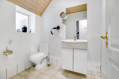 a white bathroom with a toilet and a sink at Nedlagt Landbrug med 3 lejligheder in Vejle