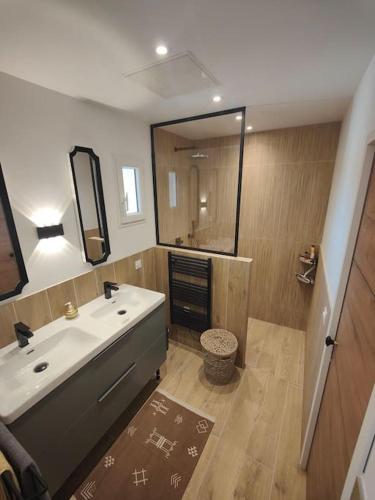 une salle de bain avec un lavabo et un miroir dans l'établissement Gîte les Caunes, à Mazan