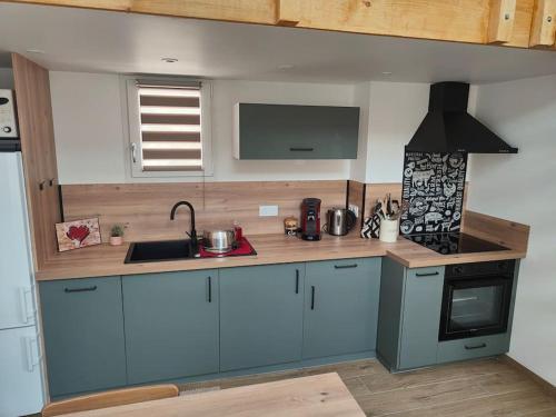 une cuisine avec des armoires bleues et un évier dans l'établissement Gîte les Caunes, à Mazan