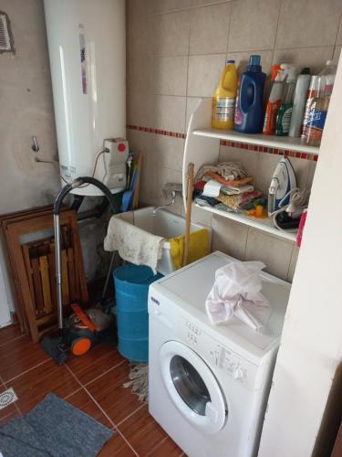 een wasruimte met een wasmachine en een wastafel bij La Arbolada in Puerto San Julian