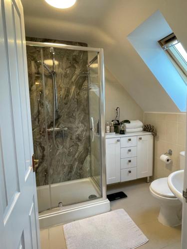 a bathroom with a shower and a toilet at Cheshire Retreat at Within Street Farm in Middlewich