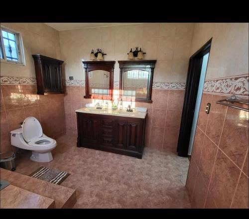 un bagno con un water, un lavandino e uno specchio di Tu villa soñada en Santiago a Santiago de los Caballeros