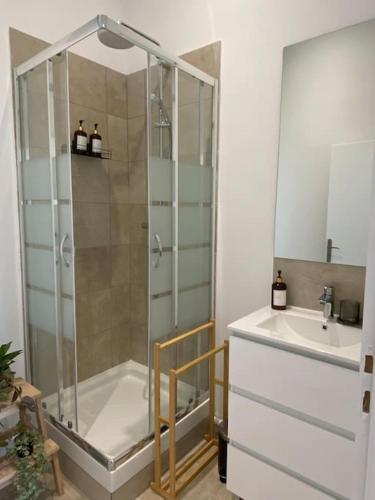 un baño con ducha y lavabo en Balcon Place des Terreaux, en Lyon