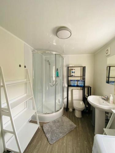 a bathroom with a shower and a toilet and a sink at Golfers lovers! Near all famous golf courses in Prestwick