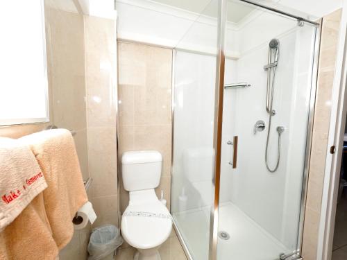 a bathroom with a toilet and a glass shower at Ulster Lodge Motel in Hamilton