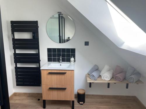 une salle de bain avec un lavabo et un miroir dans l'établissement Gîte chez René, à Fresville