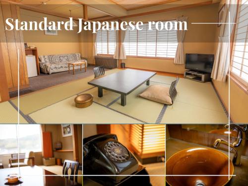 a collage of photos of a standard japanese room at Yumotoya in Matsumoto