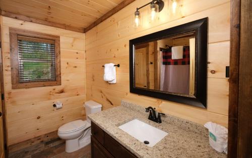 a bathroom with a sink and a mirror at Wine Not in Gatlinburg