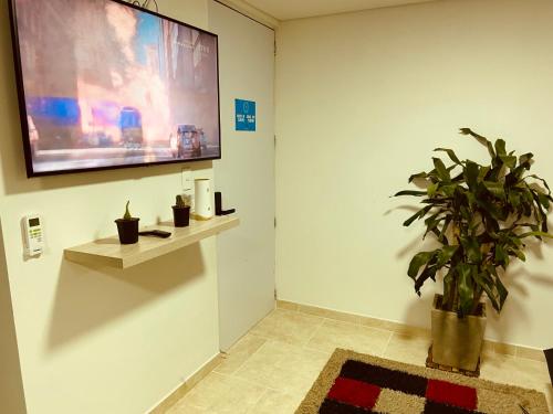 a living room with a tv and a potted plant at Apartamento Exclusivo - Caribe Campestre Coveñas in Coveñas