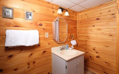ein Bad mit einem Waschbecken und einem Spiegel in der Unterkunft An Unforgettable Cabin in Sevierville