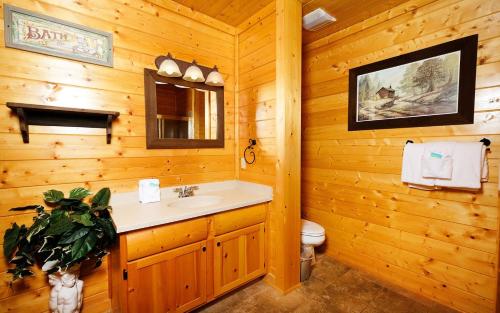 ein Badezimmer mit einem Waschbecken in einer Blockhütte in der Unterkunft Star Gazer in Sevierville