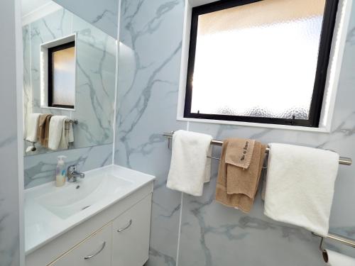 a bathroom with a sink and a mirror at Ulster Lodge Motel in Hamilton