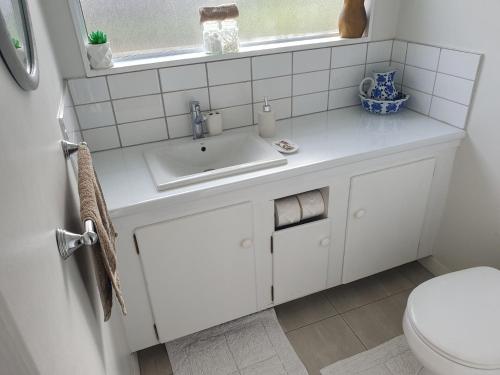 Baño blanco con lavabo y aseo en Charmae Guest House en Whanganui