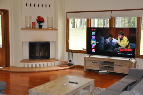 a living room with a tv and a fireplace at Pokolbin Village Estate in Pokolbin