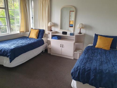 a bedroom with two beds and a mirror at Charmae Guest House in Whanganui