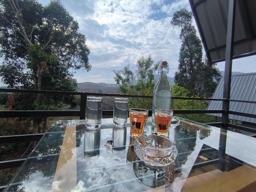 a glass table with glasses and a bottle on it at L.T NATURE GLAMPS in Kodaikānāl