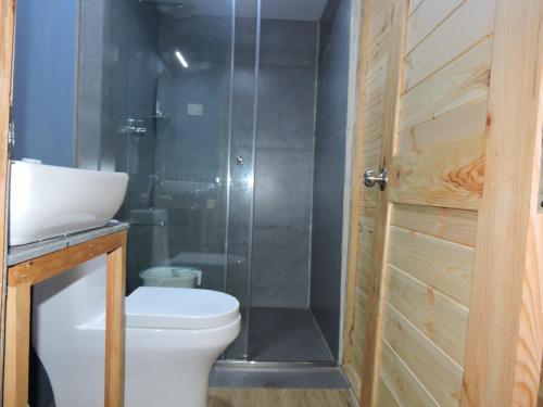 a bathroom with a toilet and a shower at L.T NATURE GLAMPS in Kodaikānāl